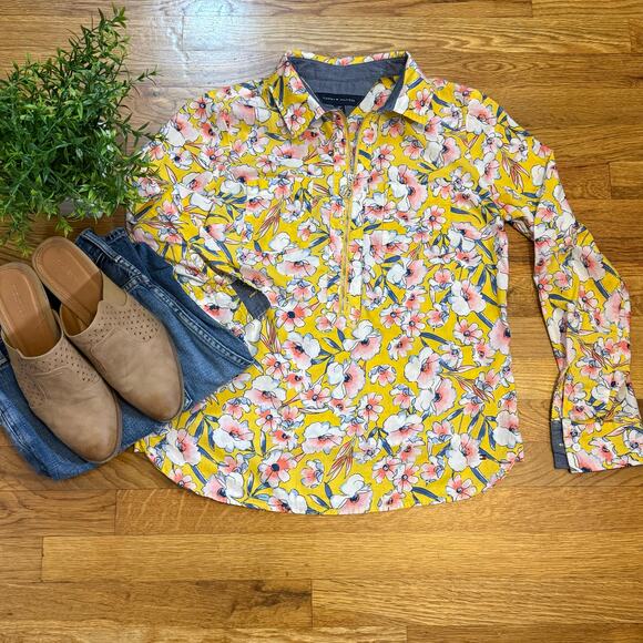 Tommy Hilfiger Tops - Tommy Hilfiger Womens Small Yellow Pink Floral Cotton Long Sleeve Shirt Cottage